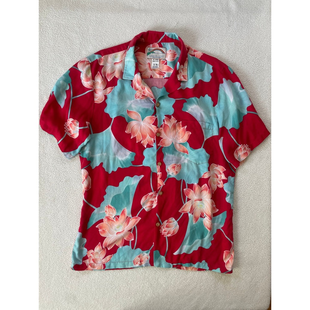 90s Paradise Found Mens XL Button Up Shirt Red Lotus Flower Rayon Made in Hawaii